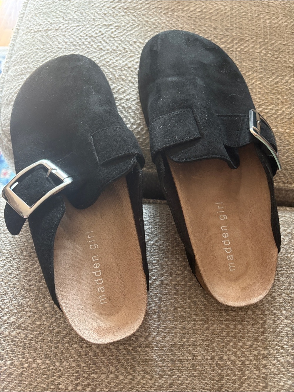 Madden Girl Black Suede Buckle Slide Mules